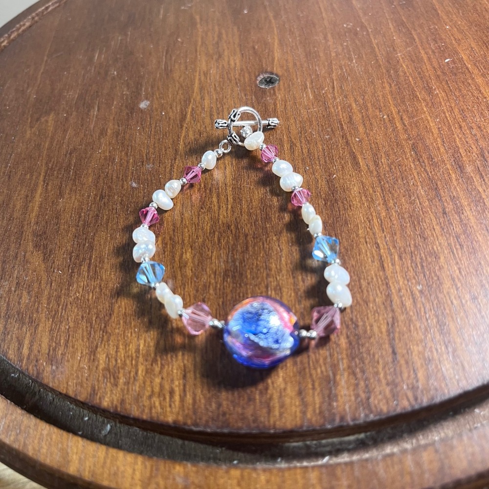 Vtg Style Lampwork Glass Freshwater Pearl Crystal Toggle Bracelet Blue Pink 7in